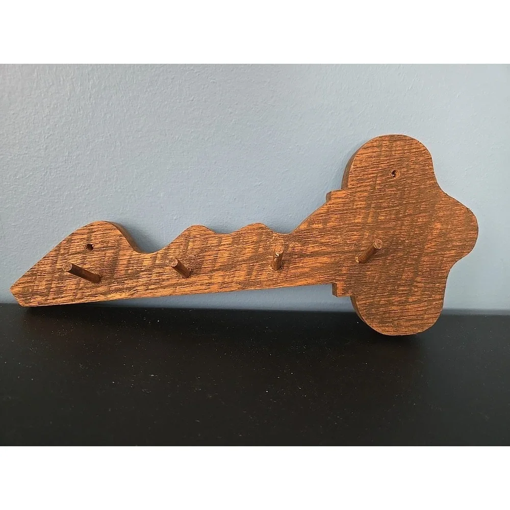 Vintage Wooden Wood Key Shaped Holder Hanger Cabin Farmhouse Kitchen 4 Hooks‎